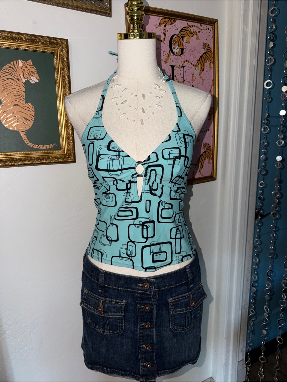 Ocean Dreams Turquoise Halter Tankini Geo-Print Camisole